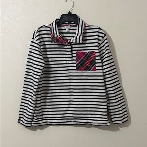 Crown & Ivy Black and White Striped Women’s Sweatshirt with Pink Plaid Pocket